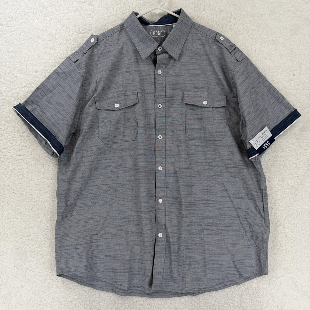PD&C Shirt Mens 2XL Gray Striped Short‎ Sleeve Button Up Paper Denim Cloth NWT